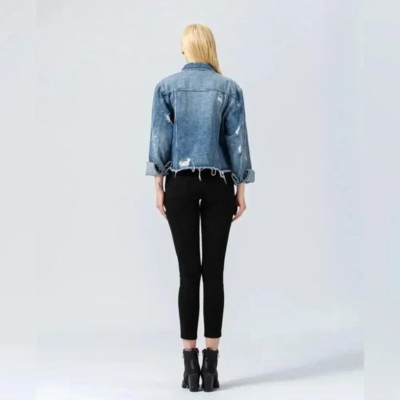 Vervet Plot Twist Classic Denim Jacket with raw hem Distressed Large EUC - Picture 2 of 8